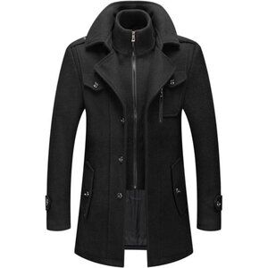 Men's Thermal Single Breasted Wool Blend Coat Peacoat with Detachable Zipper